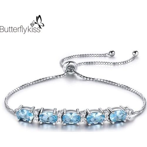 BK Women Real 925 Sterling Silver Charm Bracelets Sky Blue Topaz Gemstone Fine Jewelry Valentines Day Romantic Confession Gift