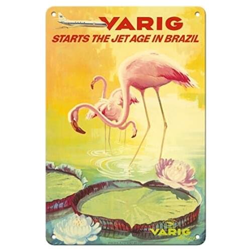 Brazil - Varig Starts The Jet Age in Brazil - Pink Flamingos (Flamingo Rosados) - Varig Airlines - Airline c.1970 Metal Tin Sign