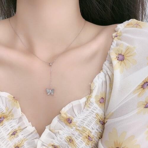 Real 925 Sterling Silver Shell Butterfly Tassel Necklace Woman Neck Chain, Elegant Rose Gold Color Choker Necklaces Fine Jewelry