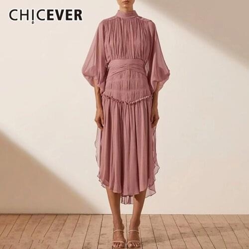 CHICEVER Patchwork Mesh Dress For Women Stand Collar Lantern Sleeve High Waist Fold Pleated Knee Length Dresses Female Clothing