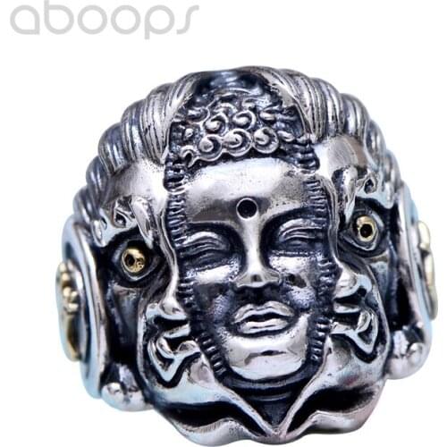 Bicolor 925 Sterling Silver Buddha and Demon Ring for Men Boys,Adjustable Size 8.5-10.5,Free Shipping