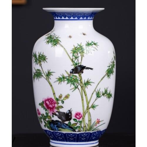 Modern Blue and White Bamboo Peony Flower Bird Design Ceramic Vase Handpaint Home Decoration insert Craft