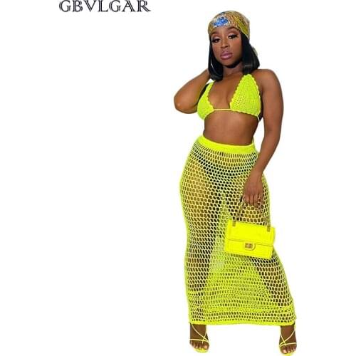 Crochet Two Piece Set Summer Beach Dress Hand Knitted Hollow Out Bra Top Maxi Skirt Sheer Fishnet Cover Up Casual Suits