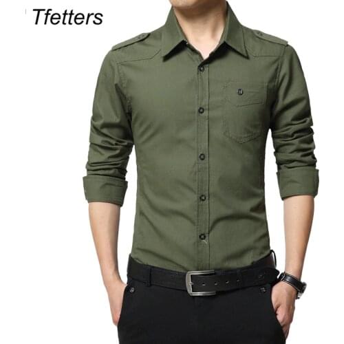 TFETTERS Mens Shirt Epaulette Fashion Full Sleeve Epaulet Shirt Military Style 100% Cotton Army Green Shirts with epaulets