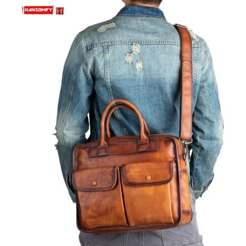 2021 New Genuine Leather Men Handbags business portable briefcase Cowhide shoulder messenger bags male laptop bag retro