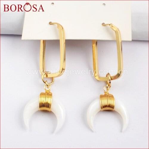 BOROSA New Arrival Natural Shell Druzy Fashion Jewelry Full Gold Color White Shell Rectangle Earring For Women Gift G1591