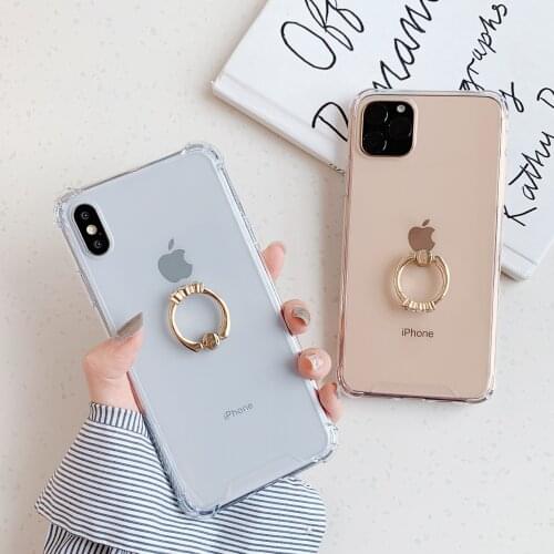 Transparent Case For iPhone 12 Mini 11 Pro Max XR X XS Max 8 7 Plus Case Luxury Gold Finger Ring Back Cover Acrylic Fundas Coque