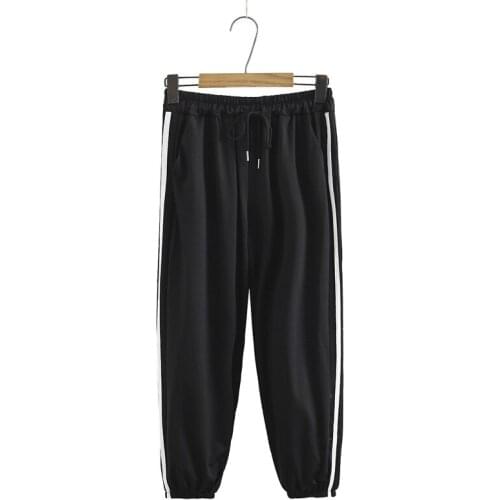 Plus Size XL-4XL Womens White Black Sportswear Pants Elastic Waist Side Stripe Long Pants
