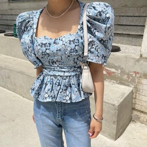 Floral Puff Sleeve Boulses Short Slimming Vintage Tops Korean Fashion New Summer Women Blouses Elegant Blue Pink