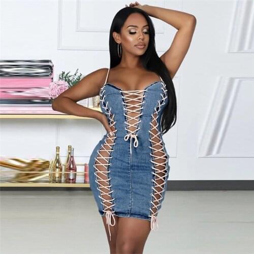 Sexy Cross Lace Up Bodycon Bandage Dresses for Women Backless Hollow Out Denim Dress Night Party Mini Dress Clubwear Vestidos