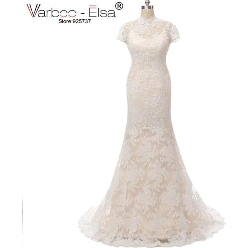 VARBOO_ELSA Quality Custom Wedding Dresses Champagne Mermaid Wedding Dress High Neck Backless Lace Embroidery Bridal Dress 2018