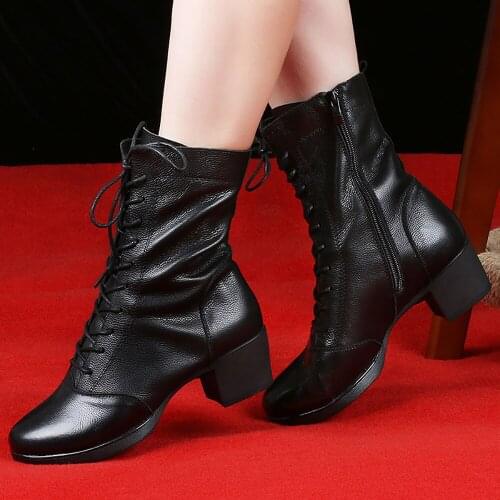 Profession Dancing Shoes Female 8386 Genuine Leather Sailor Dance Boots Adult Even Bottom Mid Heel High Upper Square Dance Shoes
