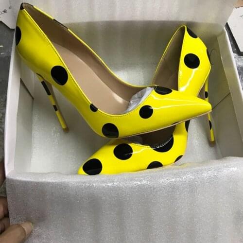 Pumps Yellow Polka Dot High Heels Women Shoes Thin Heel Pointed Toe Shallow Single Shoes Pump Fashion Lady Shoes Zapatos Mujer