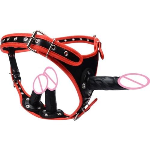 Adult Female Slave Bondage Three Dildos Strap On Strapon Harness Underwear Lesbian Toy with Studded Leather Brief
