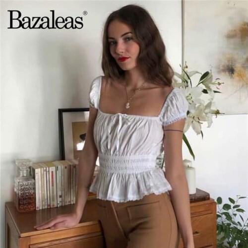 Bazaleas Vintage short sleeve Tops Elegant Center Bow blusas mujer de moda 2020 White Elastic Waist Women blouse