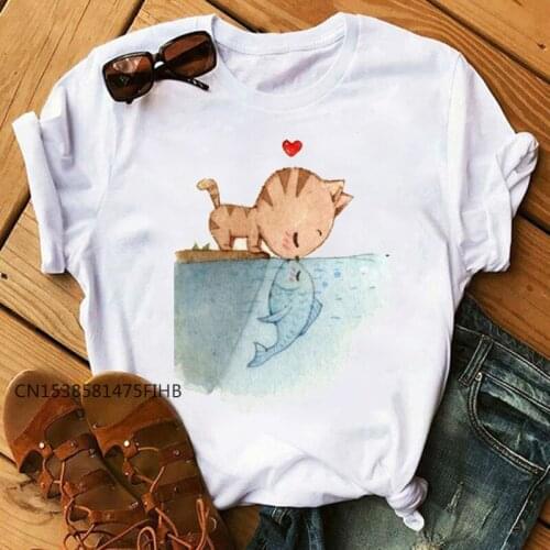 New Cute Women T Shirt Funny Cat Printed Female T-Shirt Casual Short Sleeve O Neck Premium Tops Tee Camisetas Mujer Women Clothe