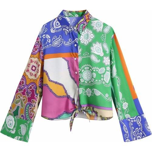 2021 Women Colorful Print Long Sleeve Button Down Shirt With Front Knot