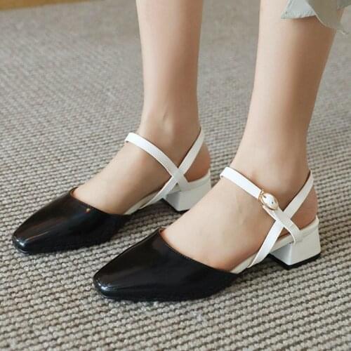 COOLULU Women Patent Leather Slingback Pumps Fashion Women Mid Chunky Heel Pumps Women Shoes Multicolor Pumps Big Size 32-48