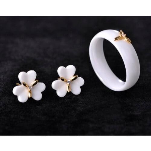 Elegant Flower Ceramic Stud Earrings Rings Jewelry Sets For Women Girls AAA Zircon Copper Boucle d'oreille Bague Porcelain Joyas
