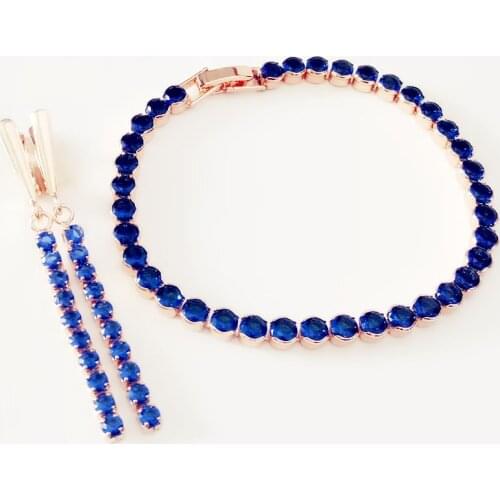 Women Jewelry Sets Round Blue Cubic Zircon Earrings Jewelry Sets Rose 585 Gold Color New Bracelets Jewelry Set