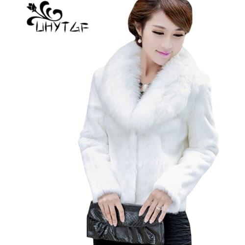 UHYTGF Fur collar Fur Coat Winter Woman Blend Overcoat Faux Fur Warm Outwear Coat Long Sleeve Jacket Cardigan Casaco Feminino710