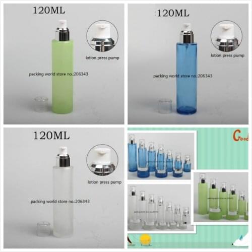 120ml frosted/green/blue glass bottle silver pump clear lid for serum/lotion/emulsion/foundation skin care cosmetic packing