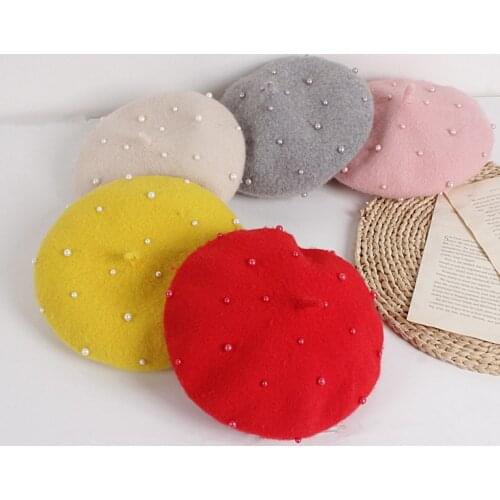 2-6Y Spring Autumn Winter Accessories Suits Baby Girls Lovely Sweet Pearl Beadings Beanies Hats Candy Color Berets