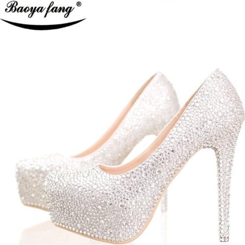 BaoYaFang Silver crystal Rhinestone wedding shoes women Bridal High heels Platform shoes woman party dress shoes female