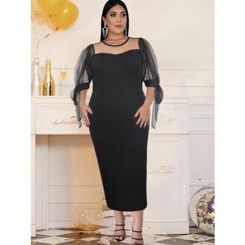Black Dresses Plus Size 4XL 3XL O Neck Polka Dot See Through Midi Bodycon Office Lady Birthday Evening Party Robes 2021 Fashion