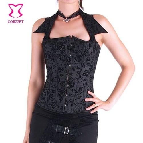Black Floral Flocking Halter Collar Gothic Corselet Corset Burlesque Costumes Korsett For Women