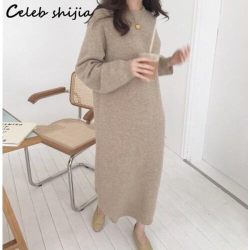 SHIJIA Khaki Wool Long Dress Woman Autumn Winter Soft Warm Knit Dress Vestido Female Korean Fashion Full-sleeve Elegant Knitwear