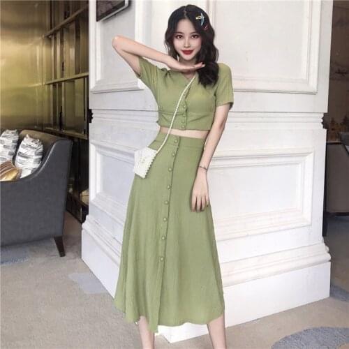 Women Summer Sheath 2 Two Piece Set Elegant Short Sleeve Crop Tops with High Waist Long Skirt Buttons