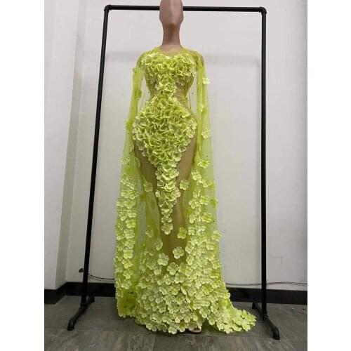 Elegant Rhinestone Floral Mesh See Through Cloak Dress Women Party Birthdy Outfit Floor Length Trailing Dress Evening Gown