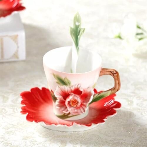 European Underglaze Color Peony Cup and Saucer Flange Enamel Hand Painted Coffee Cup and Saucer Set Creative Cup and Saucer