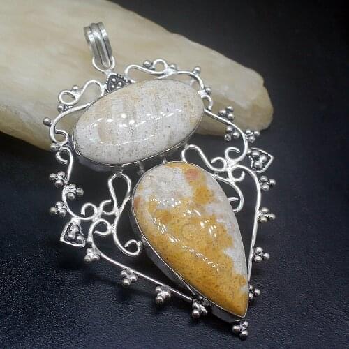 Gemstonefactory Jewelry Big Promotion 925 Silver Glorious Yellow Ammonite Jasper Women Ladies Mom Gifts Necklace Pendant 0352