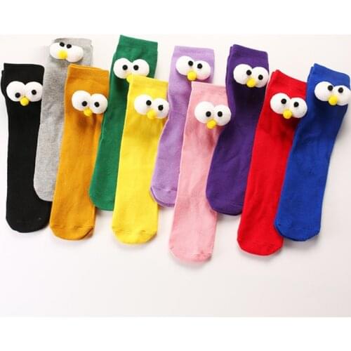 Baby Girls Knee High Socks Big Eyes Decoration Sprin Autumn Cotton Sock Solid Candy Color Kids Toddler Short Socks For Children