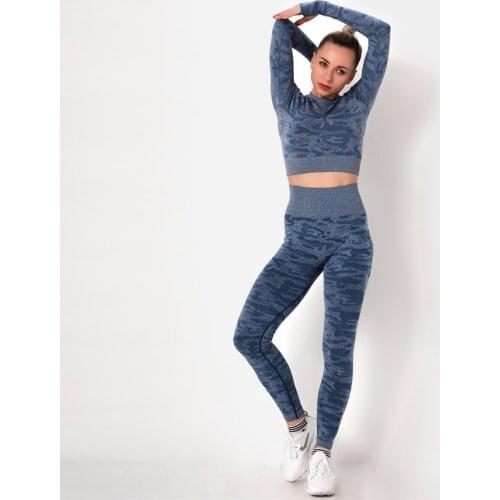 Camouflage Seamless Sports Suit For Women Long Sleeve Sportswear Nudity Bodycon Back Hollow Long Sleeve Top