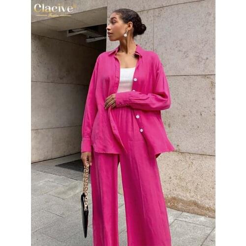 Clacive Autumn Casual Pink Women Sets Fashion Long Sleeve Blouse Shirts High Waist Pants Two Piece Set Wide Leg Trousers Suit