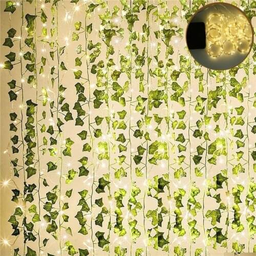 Solar Powered Twinkle Fairy 3M Curtain Light Garland with 10pcs Artificial Ivy Vines Hanging Lights Wall Wedding Holiday Decors