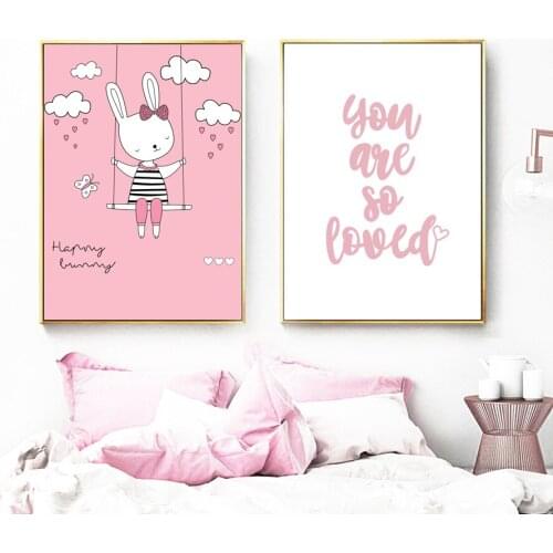 Cartoon Rabbit Swing Butterfly Cloud Quotes Nordic Posters And Prints Wall Art Canvas Painting Wall Pictures For Kids Room Decor