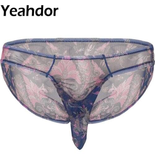 Mens See Through Sheer Mesh Lingerie Sissy Bulge Pouch Low Rise Panties Closed Penis Sheath Flower Printed Sexy Briefs Underwear