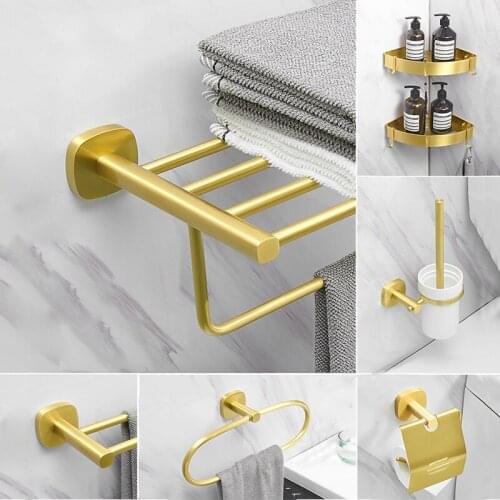 Bathroom Hardware Set Aluminum Brush Gold Towel Rack Paper Holder Corner Shelf Toilet Brush holder Hook Bathroom Accessories Set