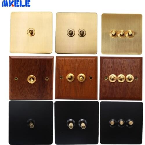 10A 1/2/3 Gang Brass Toggle Switch Retro Stainless Steel Wood Brass Panel Wall Lamp Switch 86 Type Dual Control AC 110-250V
