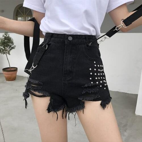 2021 New Women Beaded Ragged Pants Ripped Hole Strap Denim Shorts Summer Beggar Fashionable Foreign Black Pants