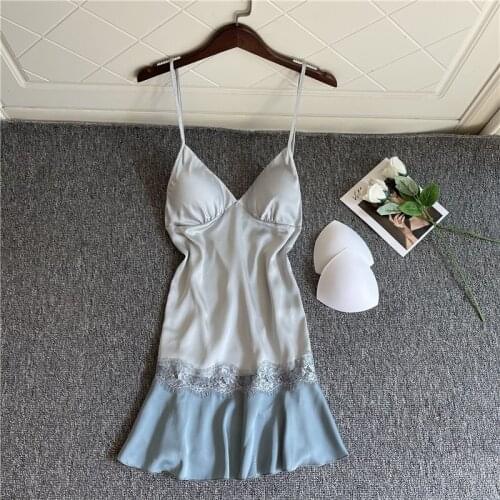 Sexy Patchwork Lace Women Nightgown Sleepshirt Pink V-Neck Mini Suspender Sleepwear Nightdress Silky Soft Satin Home Clothes