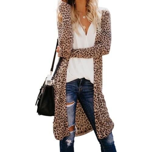 Leopard Print Midi Sweater Jackets Women Autumn V Neck Thin Cardigan Smock Female Casual Slim Long Sleeve Knitted Coat Plus Size