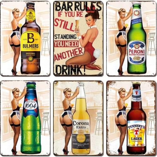 Retro Pin Up Girl Beer Poster Metal Wall Decor Tin Plate Sign Vintage Home Bar Accessories Plaque Shabby Chic Home Kitchen Decor