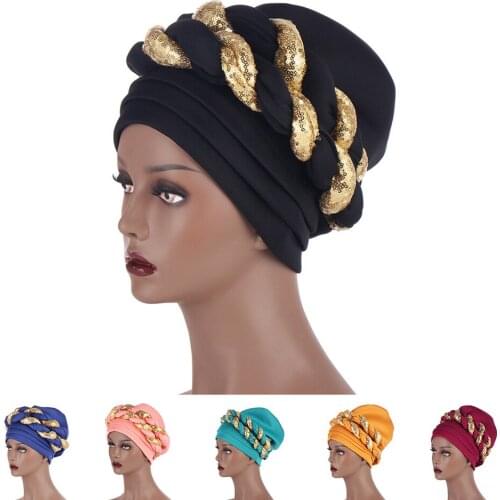 Muslim Twist Turban Hat For Women With Sequins Dance Party Beanie Full Cover Inner Hijab Caps African Head Wraps Female Bonnet