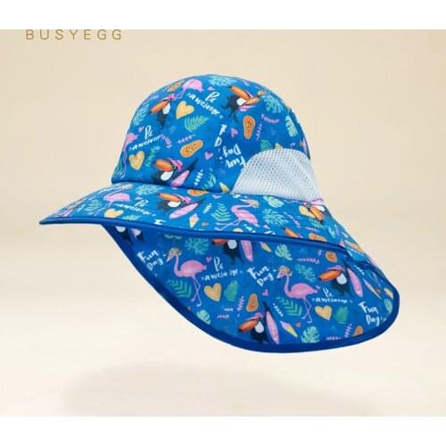 Kids hat blue cartoon pink birds panama outdoor protect neck sun cap adjustable bonnet accessories newborn baby boy sun hats