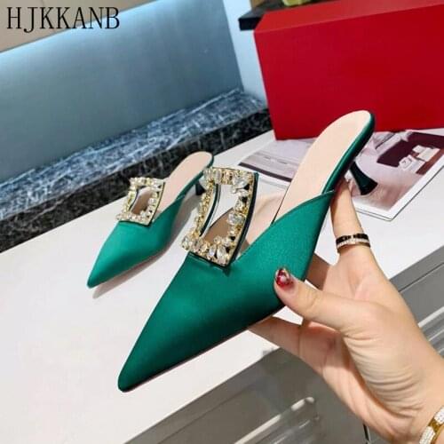 Pointy Half Slippers Women Square Buckle Crystal Decor Slides Shiny Rhinestone Kitten Heel Sandals Summer Party Dress Shoes Lady